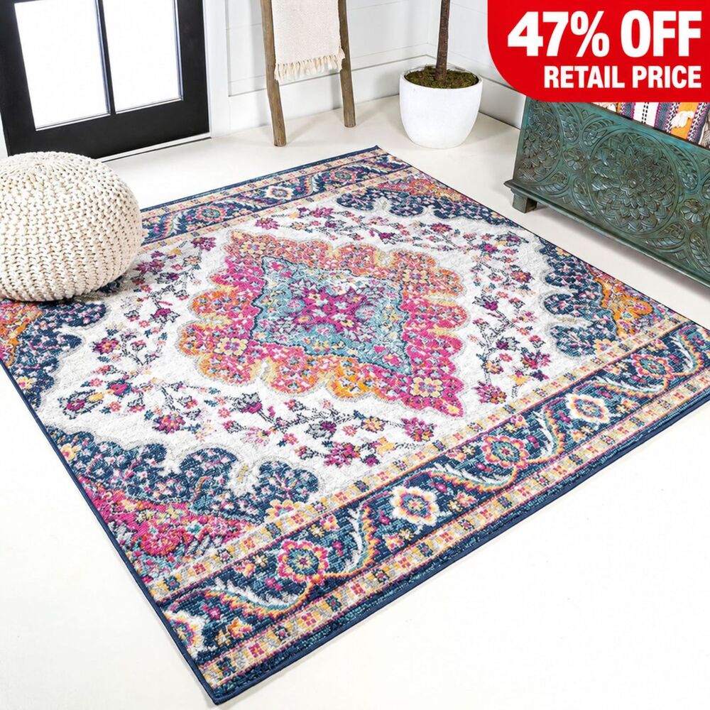 Brand New JONATHAN Y Boho Vintage Blue/Multi Square Area Rug – 4' × 4'